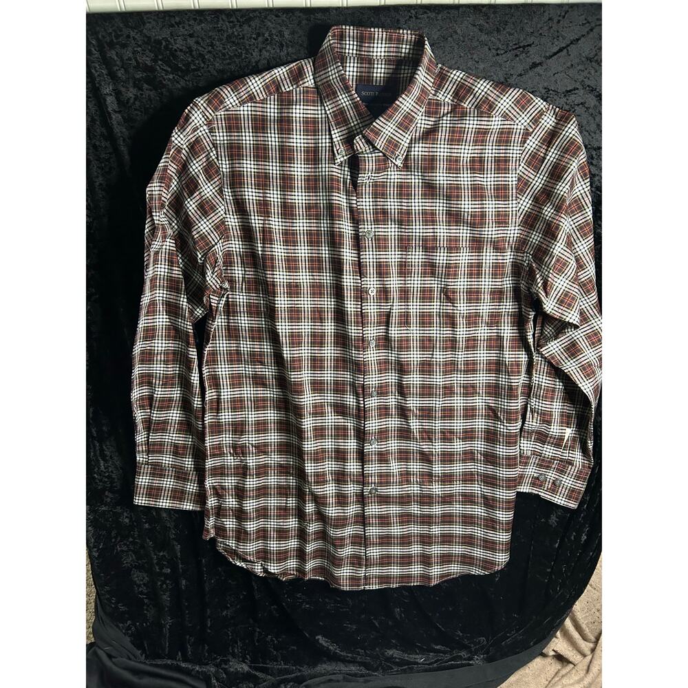 Scott Barber Men’s Large Button Down Shirt White Red Black Plaid Long Sleeve